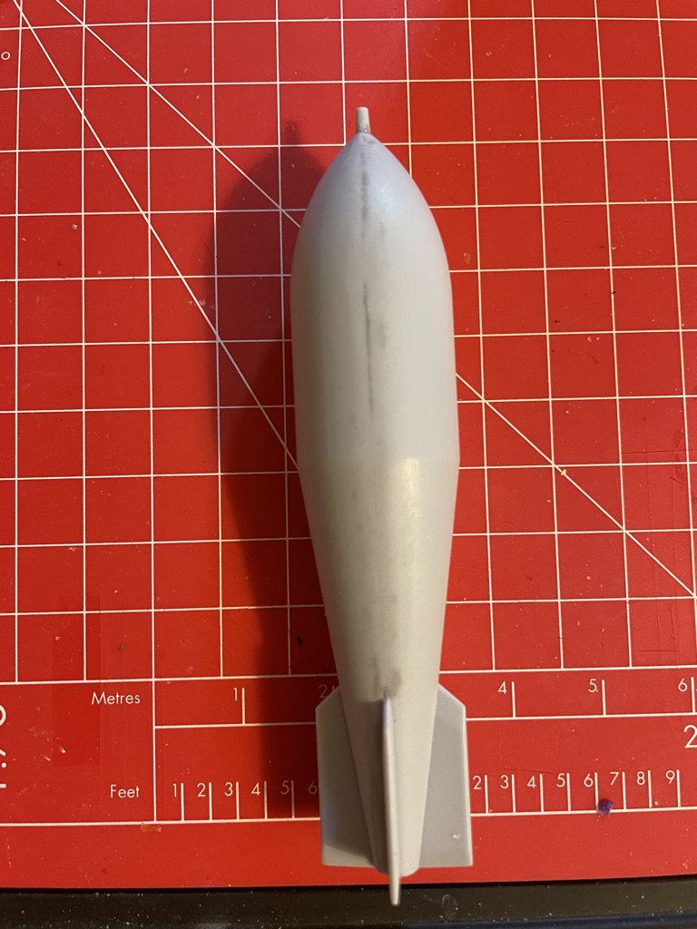 finished assembly of H-bomb for Airfix Valiant model kit. After applying filler to seam and cleaning this up with sanding stick and polishing stick, the join has almost disappeared.